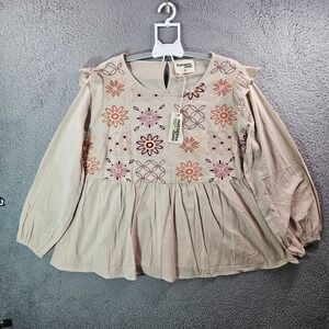 NEW Savanna Jane Top Blouse Women 3X Long Sleeve Floral Embroidered Boho Beige